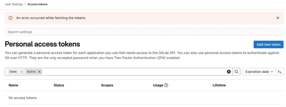 Screenshot of Gitlab displaying the "Fetch Access Tokens" error