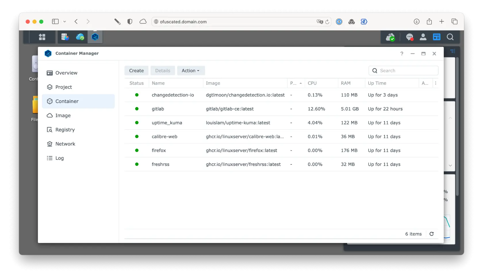 Screenshot showing my Docker containers on my Synology